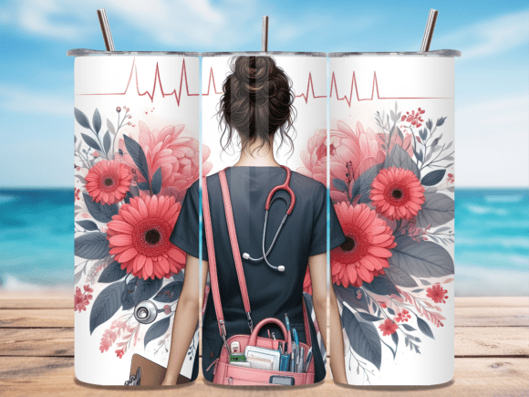 Nurse Back View Floral ECG Line Tumbler Design